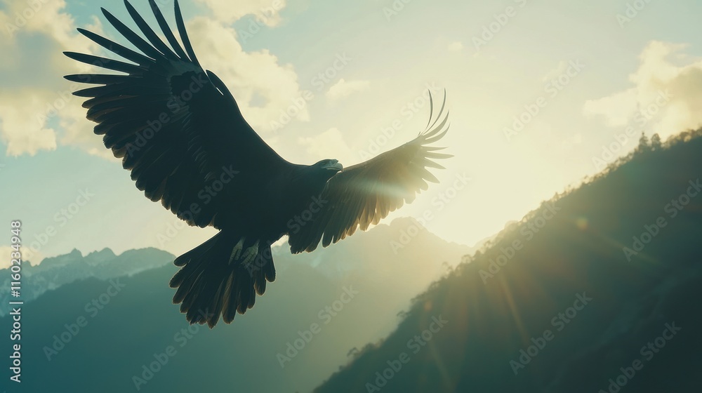 Obraz premium Majestic eagle soaring above mountain range at sunrise.