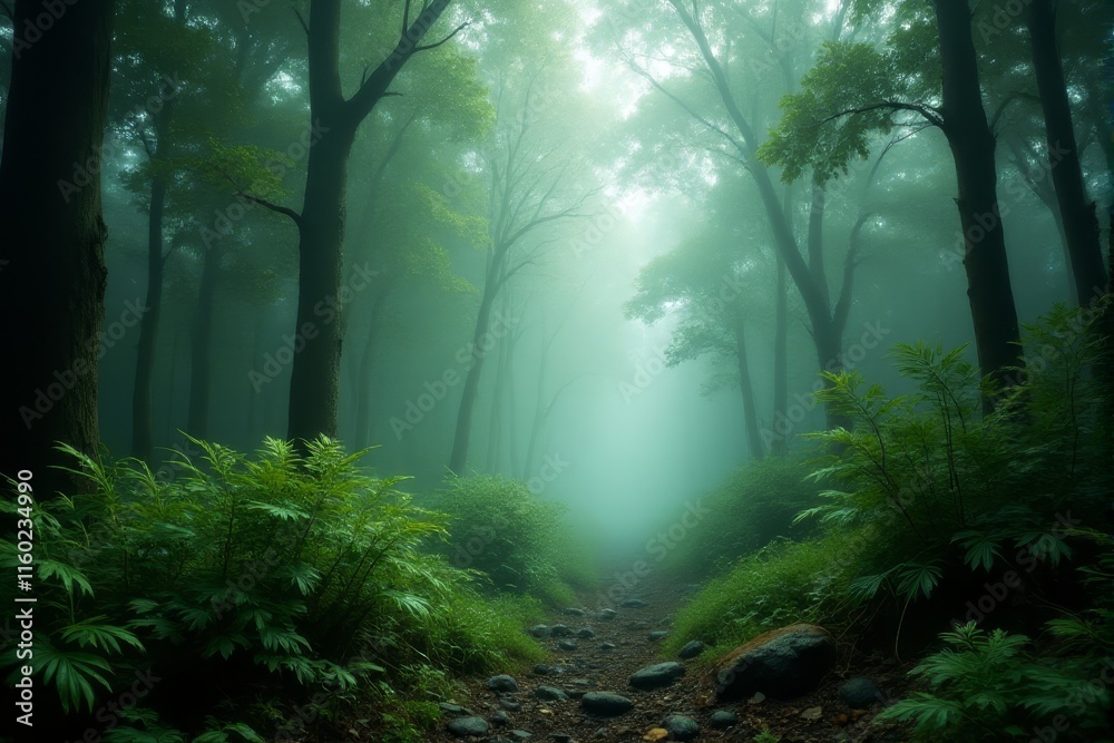 Fototapeta premium Ferns and undergrowth in a misty rainforest with subtle lighting