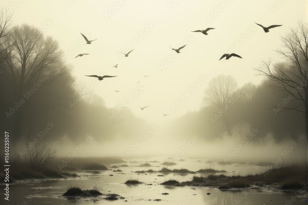 Obraz premium Flocks of birds flying over a misty wetland surrounded by trees
