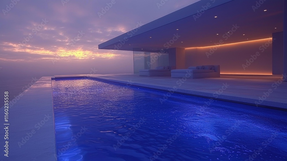 Fototapeta premium A serene modern poolside setting at sunset, featuring a sleek design and tranquil atmosphere.