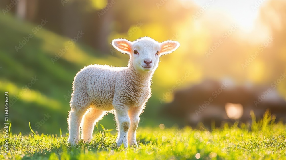 Fototapeta premium Adorable Lamb in Golden Sunset Meadow