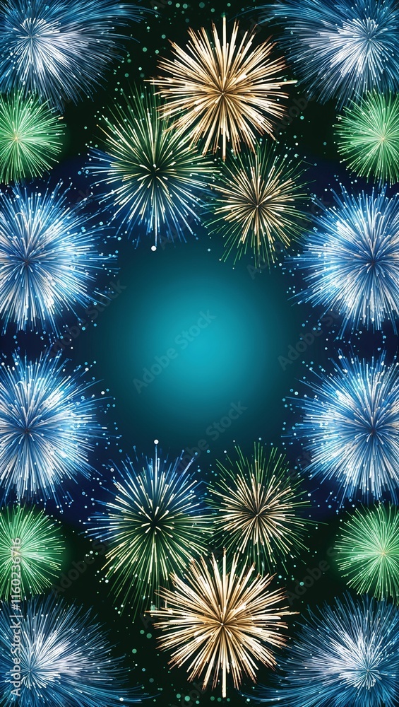 Combining blues and greens in a seamless fireworks display to symbolize renewal and serenity Combining blues and greens in a seamless fireworks display to symbolize renewal and serenity