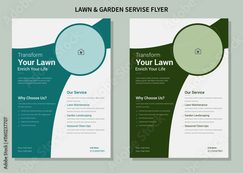 Flyer design template for lawn and gardening services. Design of a poster leaflet for gardening and tree services. Template for lawn mower flyers A relaxing watercolor depiction of a circular garden w