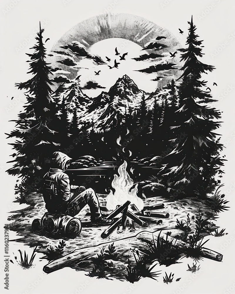 Fototapeta premium Epic monochrome illustration of a lone camper by a campfire, nestled in a majestic mountain wilderness; perfect for adventurous apparel designs.