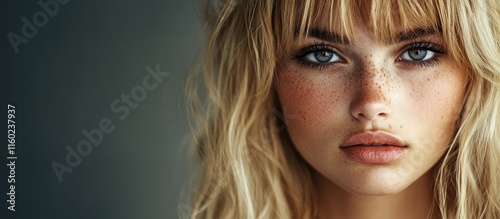 Blonde girl portrait with bangs and captivating blue eyes against a neutral backdrop ideal for text insertion and creative projects photo