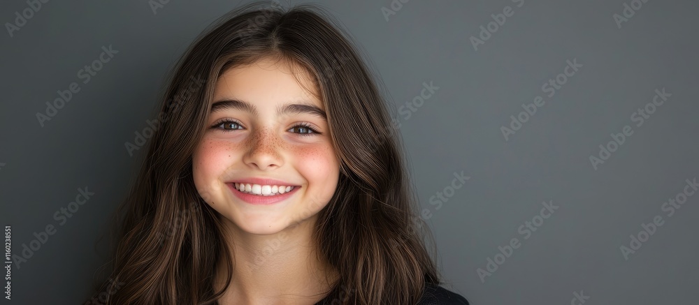 Fototapeta premium Cheerful teenage girl with long brunette hair smiling against a gray background with space for your inspirational text or message