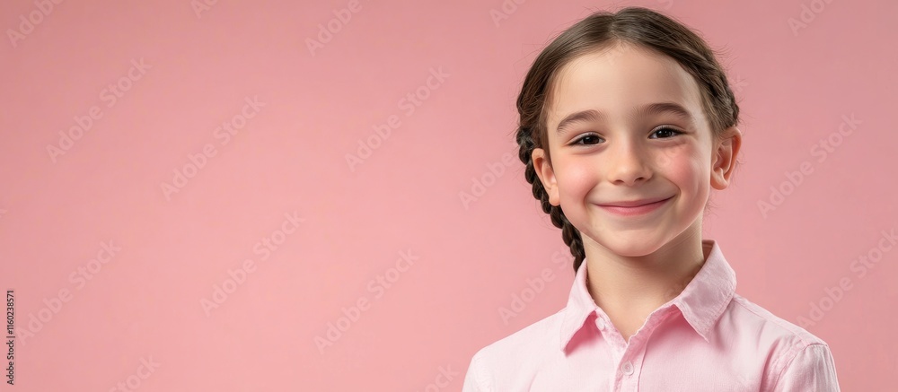 Smiling young boy with braided hair wearing pink shirt on bright pastel background with space for text and promotional content Smiling young boy with braided hair wearing pink shirt on bright pastel background with space for text and promotional content