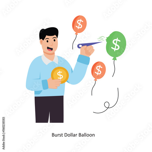 Burst Dollar Balloon concept vector illustration. Inflation isolated On white Background.          