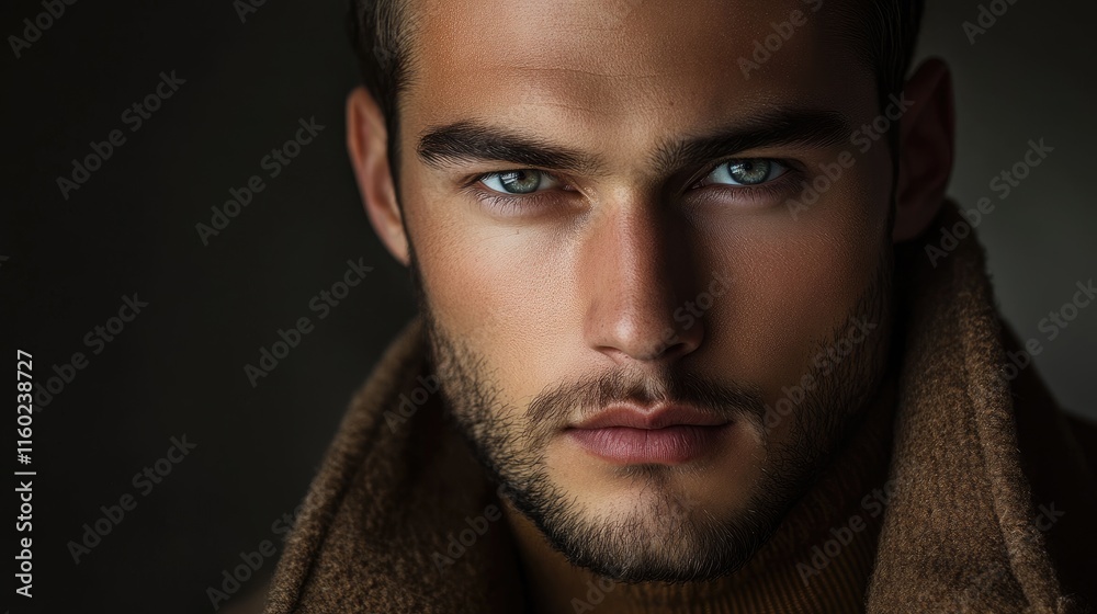 Intense close-up of a male model showcasing piercing blue eyes and strong facial features in a dramatic lighting setting. Intense close-up of a male model showcasing piercing blue eyes and strong facial features in a dramatic lighting setting.
