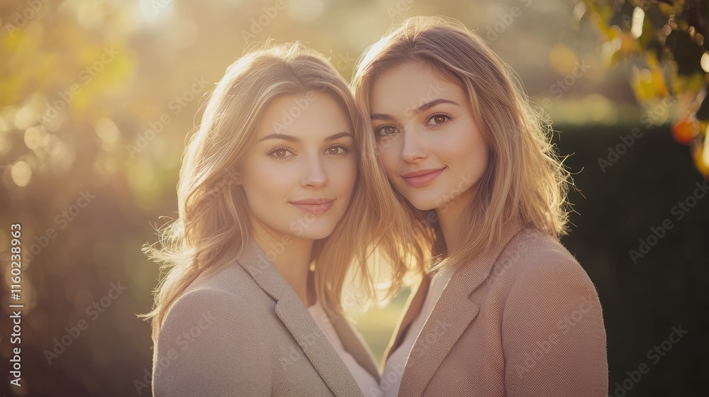 Young women embracing friendship in a beautiful outdoor setting with warm sunlight creating a soft, ethereal atmosphere. Young women embracing friendship in a beautiful outdoor setting with warm sunlight creating a soft, ethereal atmosphere.