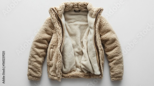 Beige sherpa jacket, open, soft, cozy.