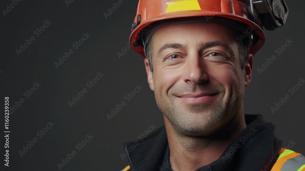 Smiling construction worker in modern helmet showcasing safety and professionalism in a studio portrait against a dark background