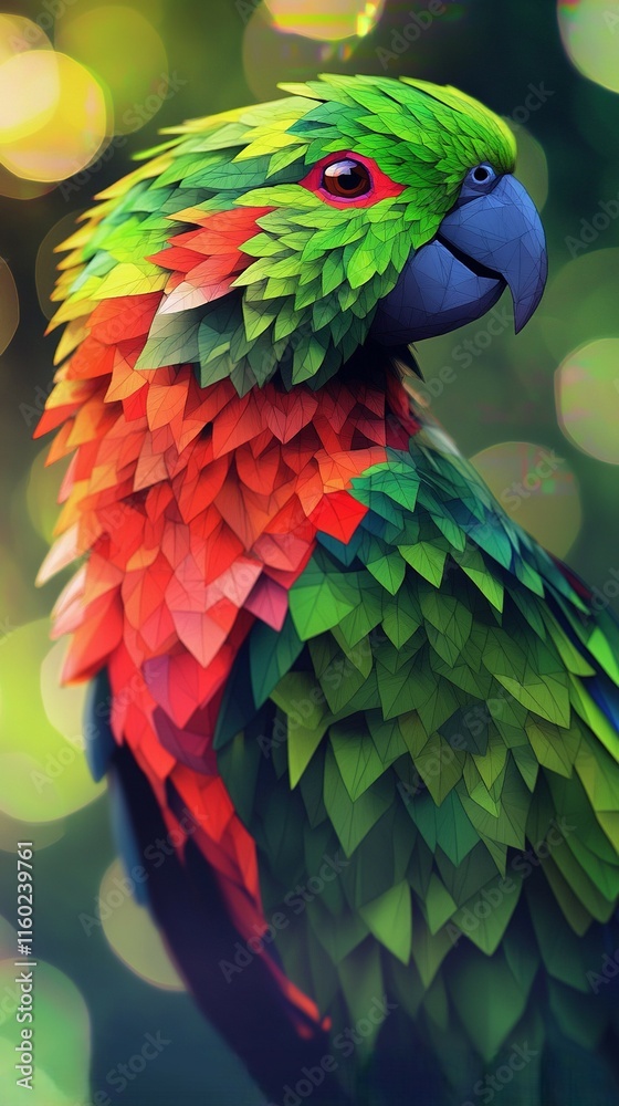 Obraz premium Vivid low poly eclectus parrot portrait with its contrasting bright green and red feathers on a soft bokeh background. Perfect for bold and vibrant art pieces.