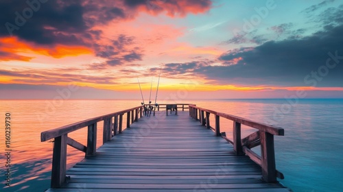 Wallpaper Mural A tranquil pier for sea fishing at twilight, Fishing rods under a colorful sunset sky, Twilight serenity style Torontodigital.ca