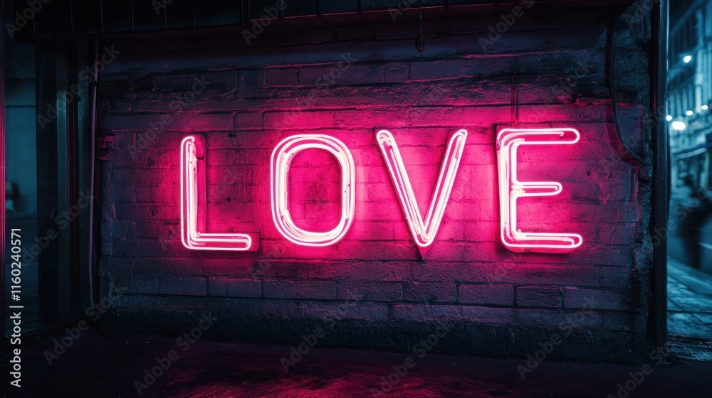 Fototapeta premium Pink neon LOVE sign on brick wall at night.