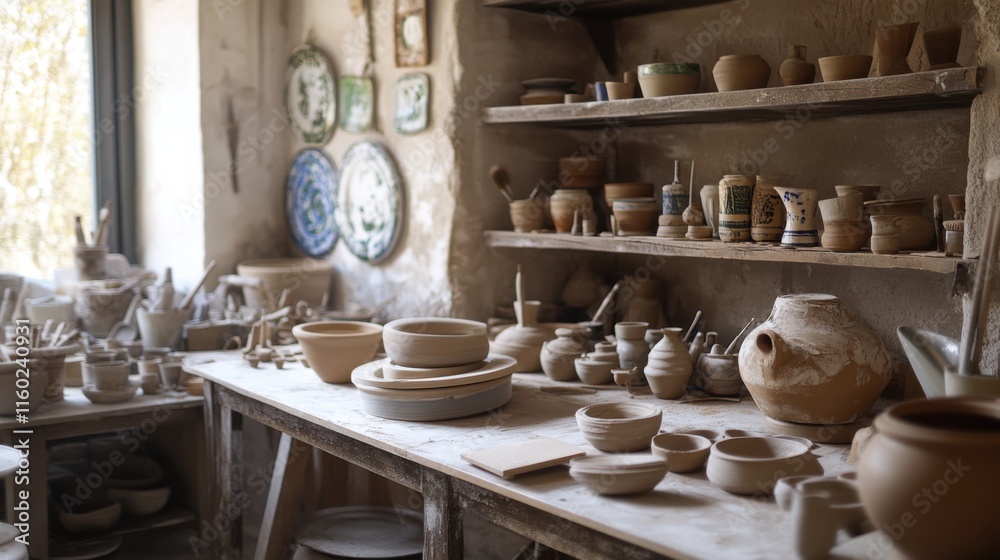 A tranquil pottery studio with pottery wheels and clay tools, Artisan ceramic creation style, photo of A tranquil pottery studio with pottery wheels and clay tools, Artisan ceramic creation style, photo of