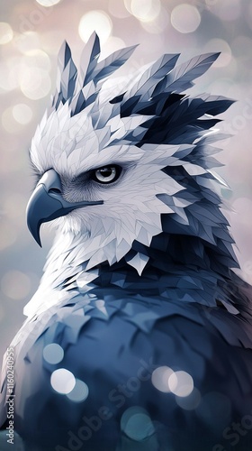 Majestic low poly harpy eagle portrait with its powerful grey and black feathers, highlighted on a soft bokeh background. Ideal for bold and powerful art prints photo