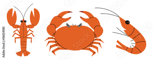 Lobster, Crab and Shrimp 1 cute on a White background, vector illustration.