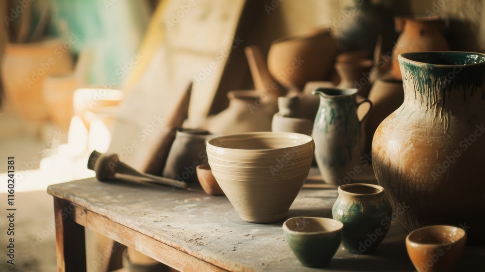 A tranquil pottery studio with wheel and clay tools, Ceramic art creation style, photo of A tranquil pottery studio with wheel and clay tools, Ceramic art creation style, photo of