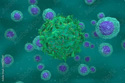 Hiv virus infected t-cell - isometric view 3d illustration photo