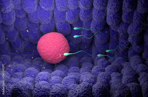 Sperm cells chasing human ovum (egg) - isometric view 3d illustration