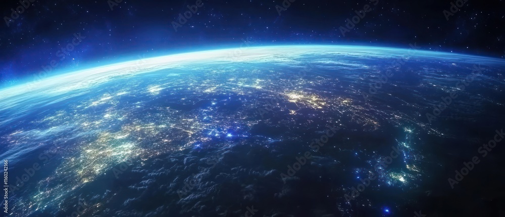 Fototapeta premium A view of the Earth at night, with the lights of cities and towns visible from space. The scene is serene and peaceful