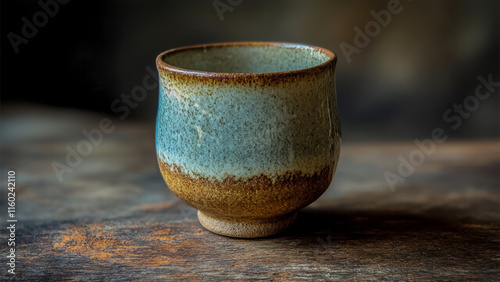 Unique ceramic cup with a gradient glaze sitting on a rustic table in a tranquil setting