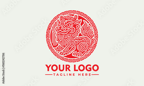 Red ornate lion head design in circular frame vector suitable for logos, tshirts, tattoos, and decorative artwork with a regal touch. photo