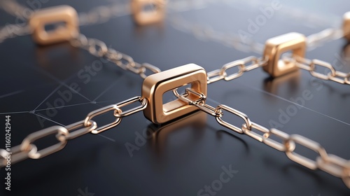 Golden blockchain links connecting on a digital surface, symbolizing security and innovation.