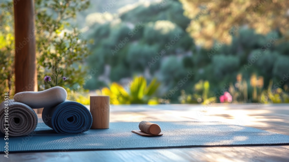 A tranquil yoga retreat with yoga props and serene natural surroundings, Yoga and mindfulness practice style, photo of A tranquil yoga retreat with yoga props and serene natural surroundings, Yoga and mindfulness practice style, photo of