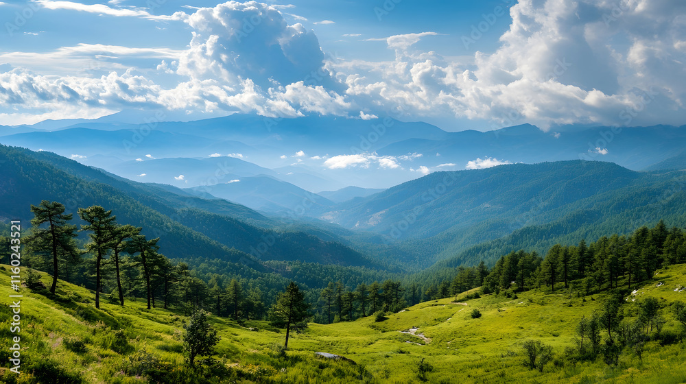 Breathtaking Mountainous Landscape with Vibrant Greenery and Blue Sky : Generative AI