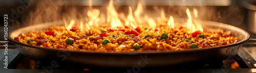 Flamb?ed Rice Dish Cooking in a Pan, Culinary Photo photo