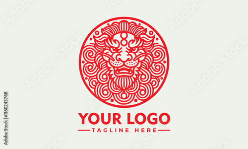 Red ornate lion head design in circular frame vector suitable for logos, tshirts, tattoos, and decorative artwork with a regal touch. photo