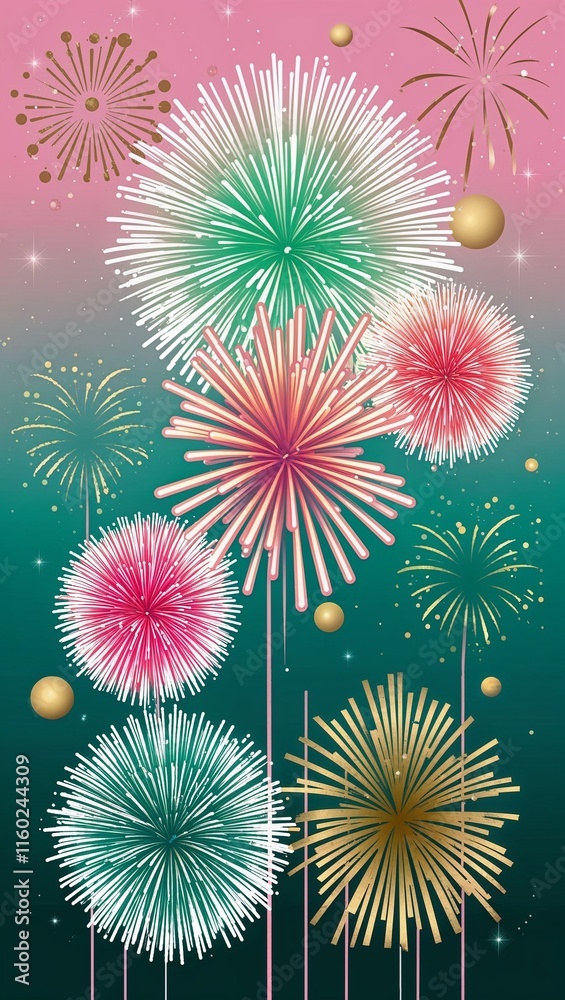 Fototapeta premium Crafting a multicolor fireworks show with bursts of aqua green pink and gold to inspire joy and adventure