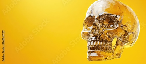 Transparent skull drink dispenser for events with vibrant yellow background ideal for text overlay and party promotions photo