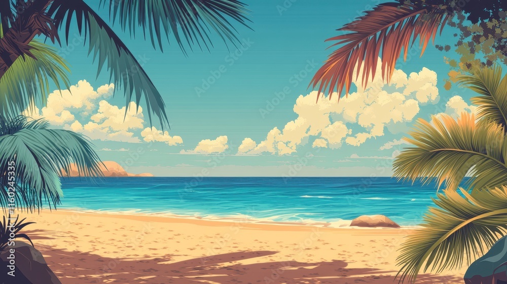 Obraz premium Tropical Beach Scene with Palm Trees and Blue Ocean