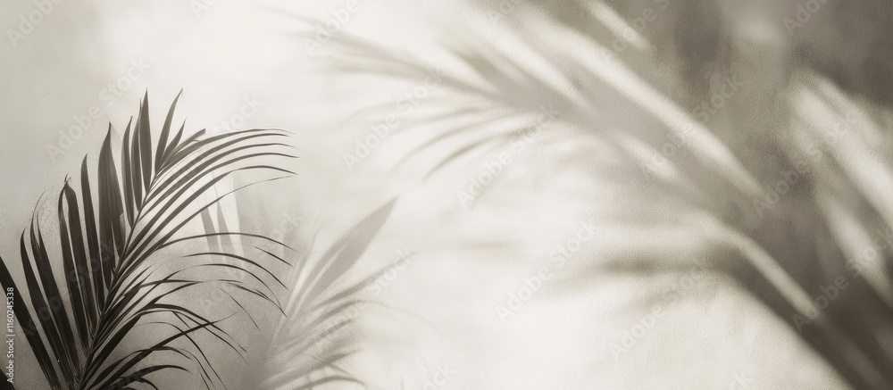 Fototapeta premium Palm leaf shadows on white wall minimalist aesthetic black and white summer theme with sunlight empty space for text nature photography