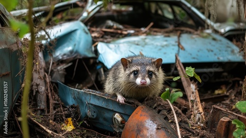 Opossum exploring abandoned cars in jungle setting showcasing nature reclaiming urban environment photo