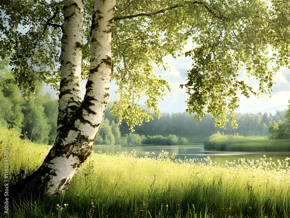 Fototapeta premium Serene Birch Tree by Picturesque Lake with Lush Greenery and Calm Atmosphere : Generative AI