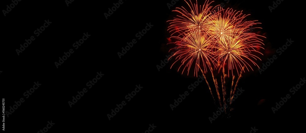 Fototapeta premium Vibrant fireworks illuminated at night featuring reds oranges and yellows with ample space for text and messaging options