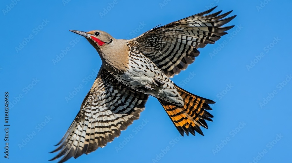 Fototapeta premium Northern Flicker in Flight Against a Clear Blue Sky