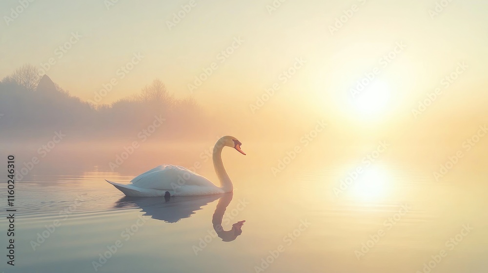 Fototapeta premium Swan gliding gracefully on a serene lake at sunrise with mist enveloping the tranquil waters and glowing sunlight in the background