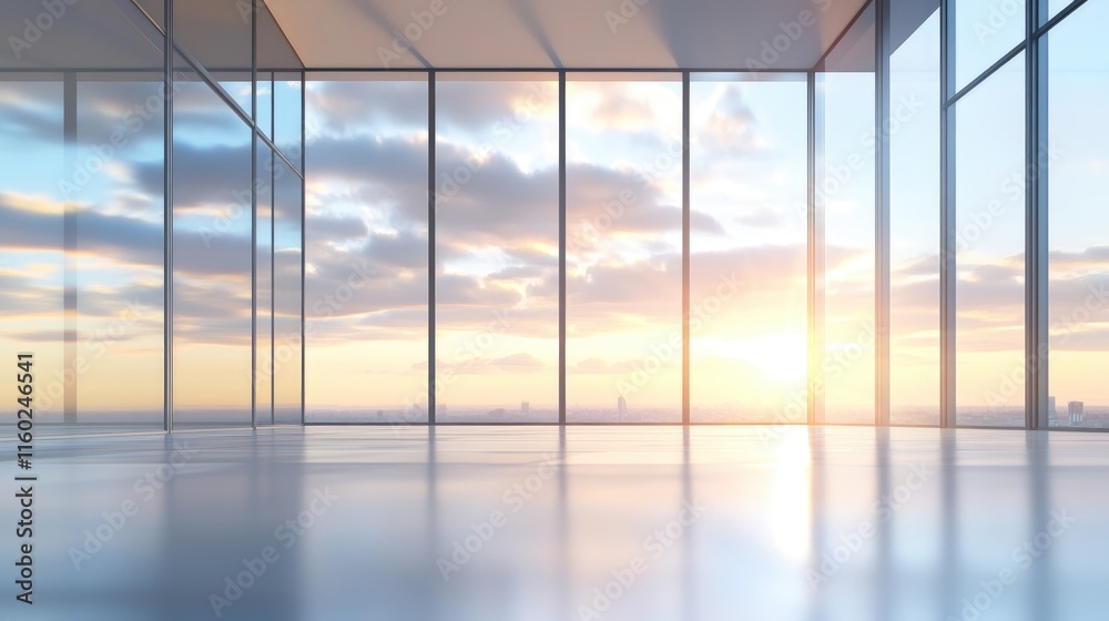 Fototapeta premium Serene pastel sky with clouds and sunlight illuminating modern glass interior ideal for product showcases in contemporary architecture