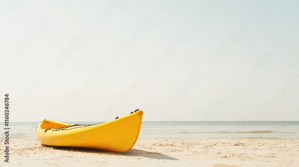 Yellow Kayak Resting on Sandy Beach with Calm Ocean and Clear Sky Ideal for Travel and Adventure Themes Yellow Kayak Resting on Sandy Beach with Calm Ocean and Clear Sky Ideal for Travel and Adventure Themes