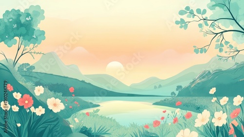A serene landscape with pastel mountains, a calm lake, and blooming flowers.