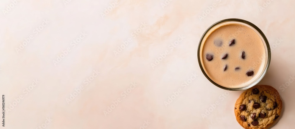 Fototapeta premium Comfort food arrangement with coffee and chocolate chip cookie on pastel background perfect for food themes and promotional content