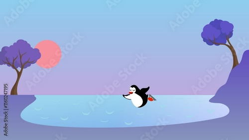 A penguin skates on a rink as the seasons change. Cartoon 4K