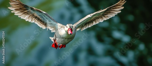 Muscovy duck in flight showcasing its wingspan and territory with ample background space for text or branding needs. photo