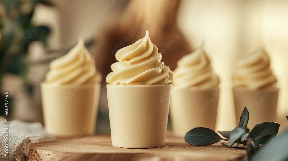 Vanilla Cream Whipped Treats in Eco-Friendly Containers on Rustic Wooden Surface Vanilla Cream Whipped Treats in Eco-Friendly Containers on Rustic Wooden Surface