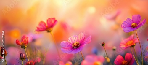 Vibrant Field of Colorful Cosmos Flowers with Soft Blurred Background for Text Overlay and Design Elements